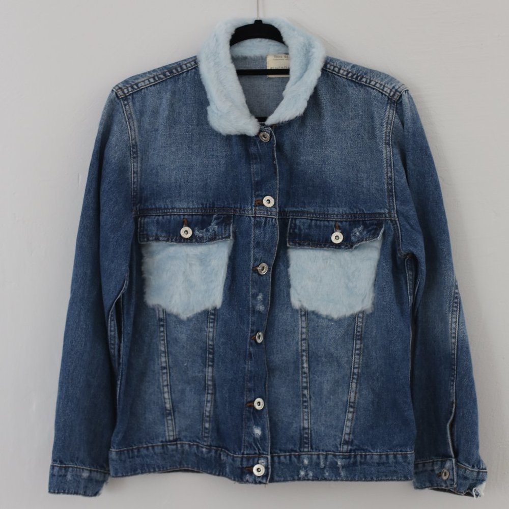 NWT Zara Girls Outerwear Collection Denim Jacket Blue Faux Fur Collar size 13/14